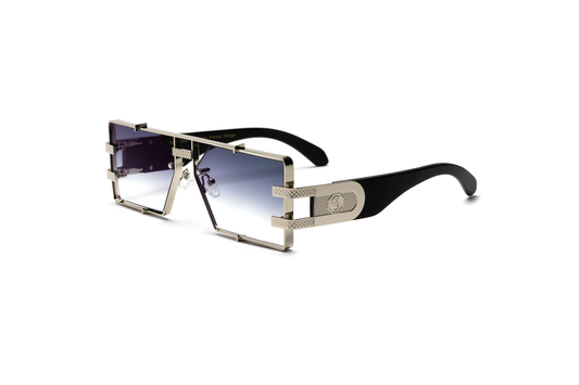 Side-angle product image of black wood and silver sunglasses from Vintage Wood Collection, featuring gradient gray lenses and sleek metal detailing. The sunglasses have a modern, street-style design and are displayed on a clean white background.