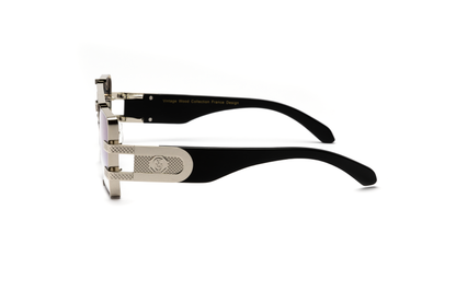 Side-angle product image of black wood and silver sunglasses from Vintage Wood Collection, featuring gradient gray lenses and sleek metal detailing. The sunglasses have a modern, street-style design and are displayed on a clean white background.