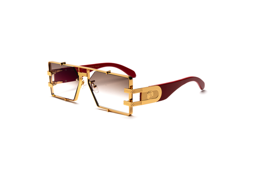 Side-angle product image of redwood and 24-karat gold sunglasses from Vintage Wood Collection, featuring gradient brown lenses and a polished metal frame. The sunglasses have a warm, street-style design and are displayed on a clean white background.