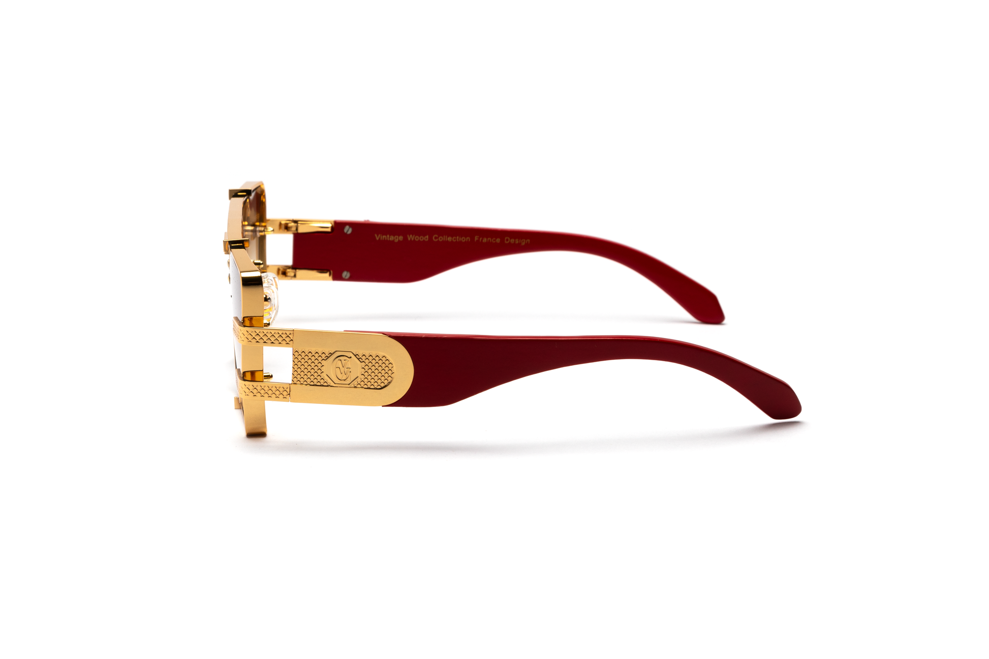 Side-angle product image of redwood and 24-karat gold sunglasses from Vintage Wood Collection, featuring gradient brown lenses and a polished metal frame. The sunglasses have a warm, street-style design and are displayed on a clean white background.