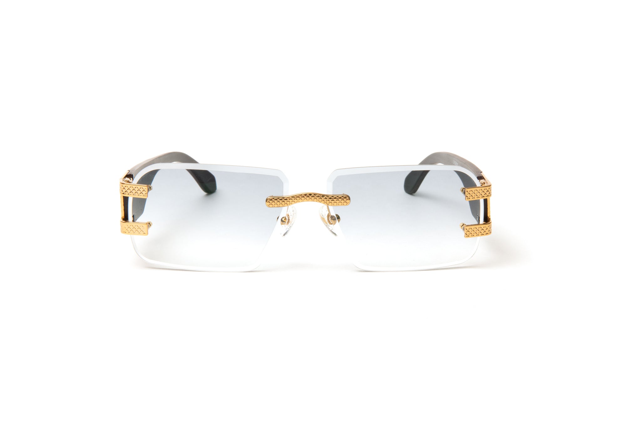 VWC Legend Rimless Drill Mount Frames, 24KT Gold and Black Wood Temples, Gradient Grey Anti Reflective Bevel Lenses