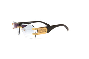 VWC Legend Rimless Drill Mount Frames, 24KT Gold and Black Wood Temples, Gradient Grey Anti Reflective Bevel Lenses