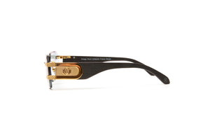 VWC Legend Rimless Drill Mount Frames, 24KT Gold and Black Wood Temples, Gradient Grey Anti Reflective Bevel Lenses