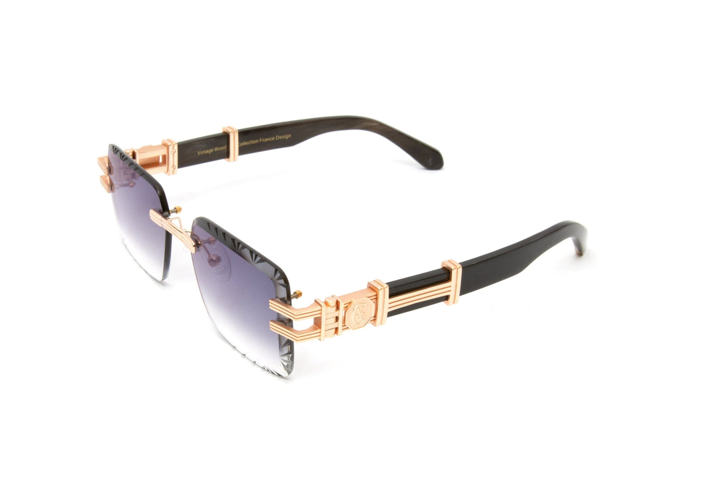 BOULEVARD #3 18KT Gold Rimless Black Buffalo Horn Sunglasses, Diamond Cut Lenses