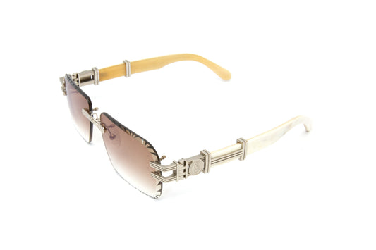 BOULEVARD #2 Silver Rimless White Buffalo Horn Sunglasses, Diamond Cut Lenses
