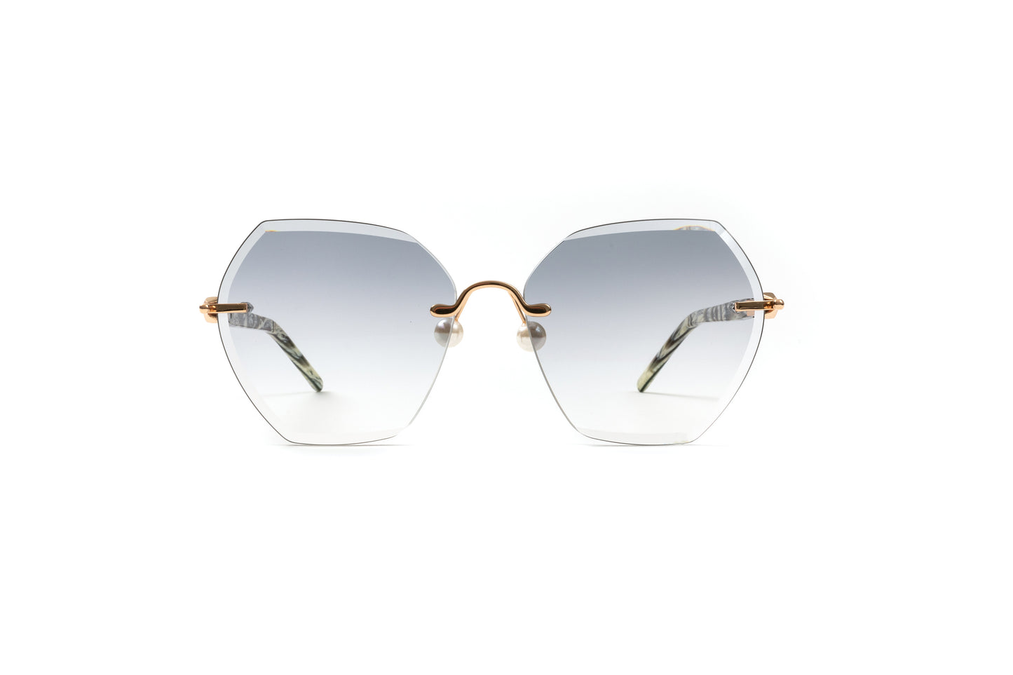 PEARL COLLECTION 18KT Gold & Black/White Acetate Sunglasses, Gradient Grey Hexagon Lenses