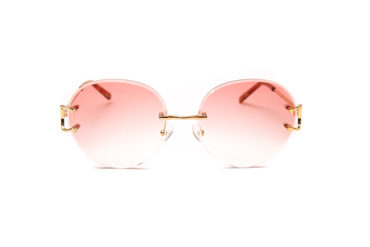 Cartier style rimless Classic C 18KT gold sunglasses with round gradient pink beveled lenses by Vintage Wood Collection