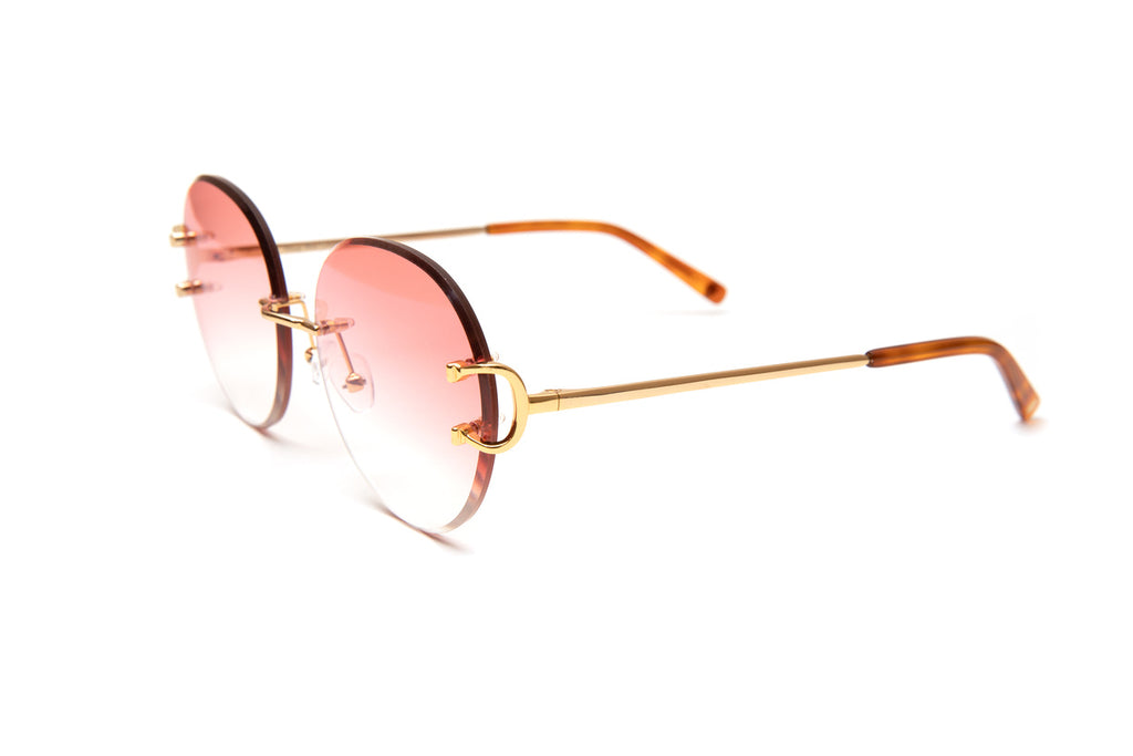 Cartier style rimless Classic C 18KT gold sunglasses with round gradient pink beveled lenses by Vintage Wood Collection