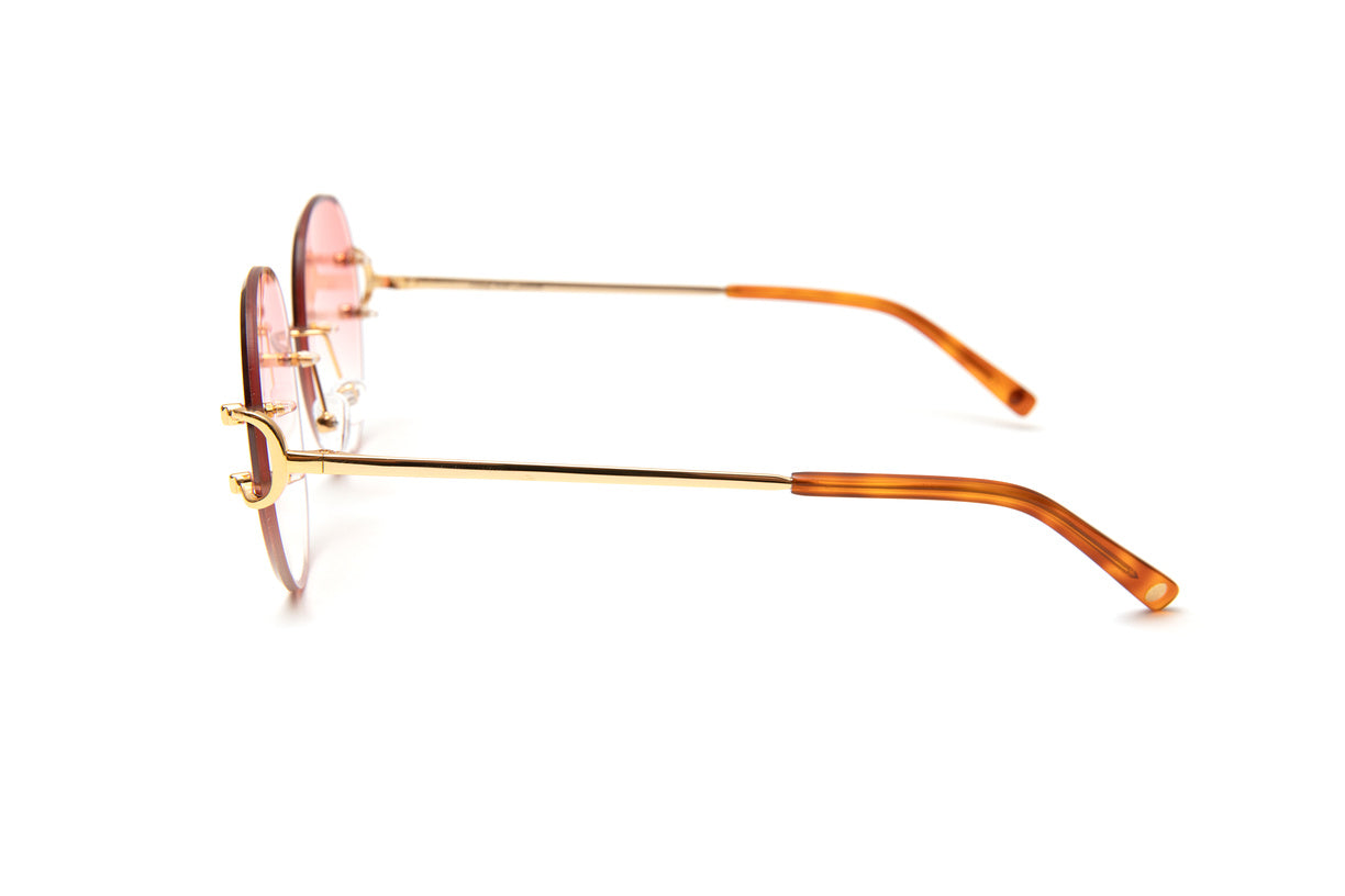 Cartier style rimless Classic C 18KT gold sunglasses with round gradient pink beveled lenses by Vintage Wood Collection