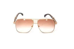 Premiere de Cartier style full rim wood sunglasses with black wood temples and 24KT rose gold frame with gradient brown lenses by Vintage Wood Collection eyewear