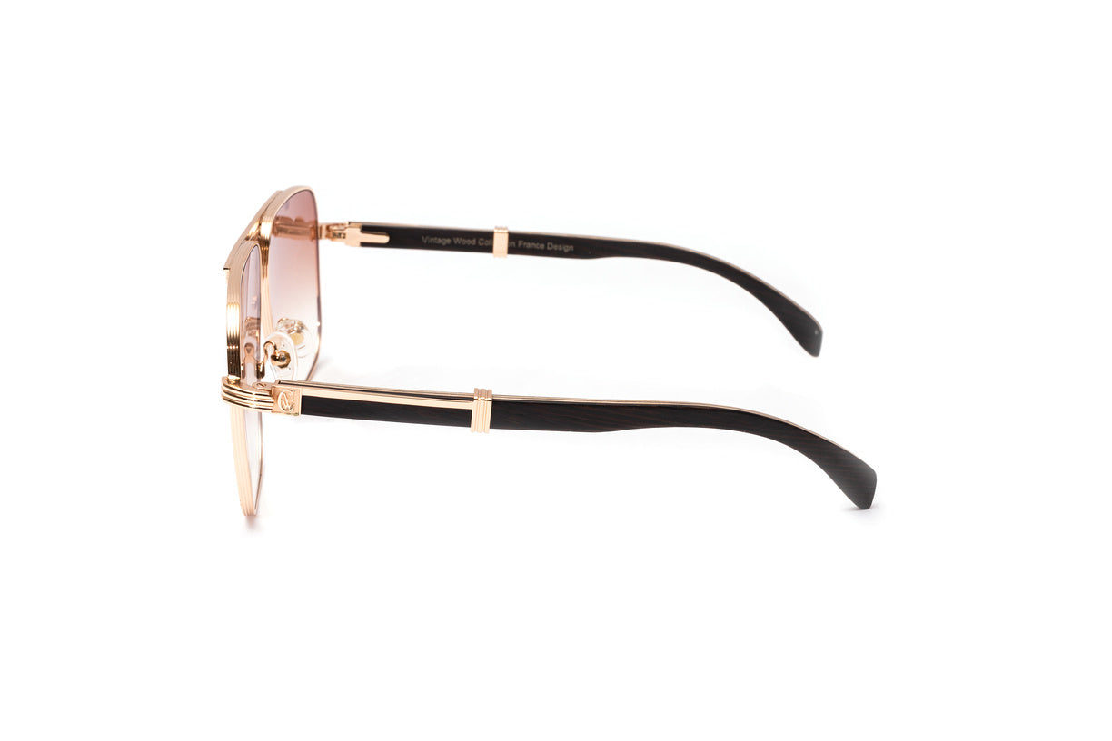 Premiere de Cartier style full rim wood sunglasses with black wood temples and 24KT rose gold frame with gradient brown lenses by Vintage Wood Collection eyewear