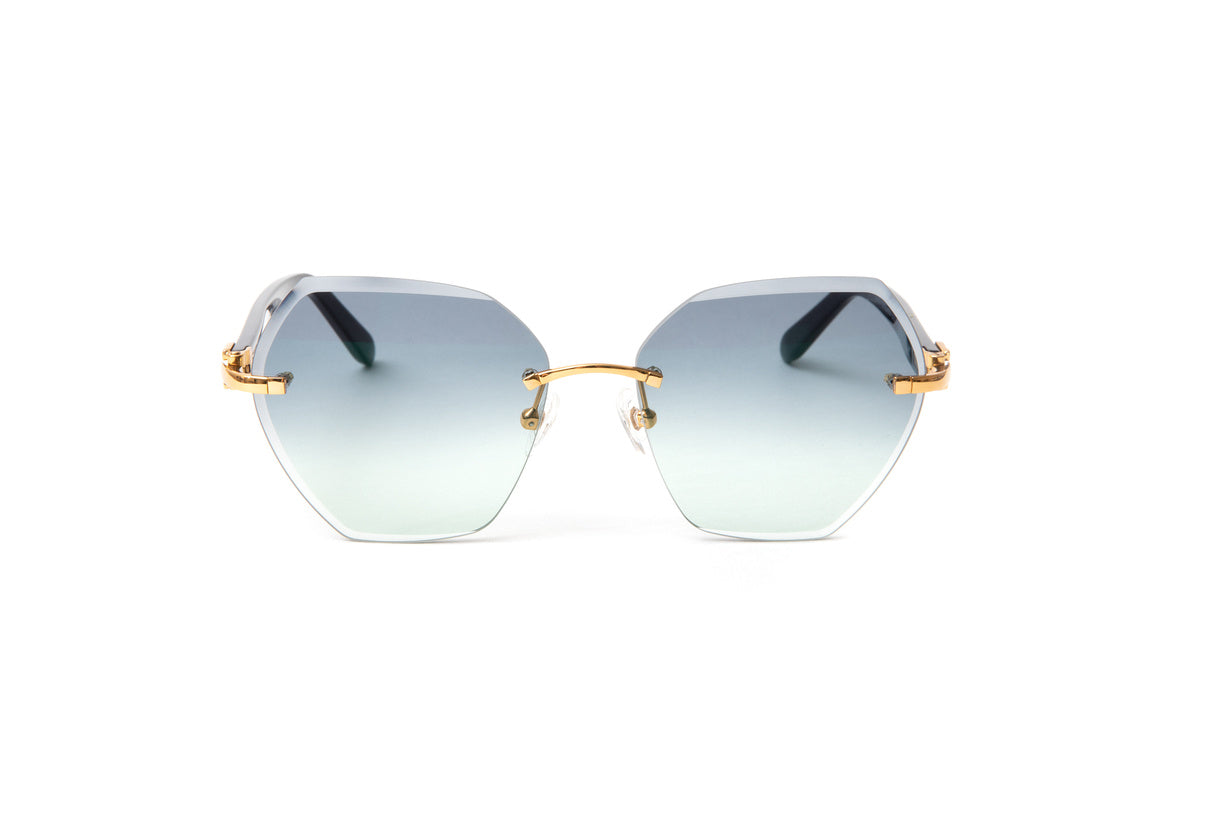 24KT gold Santos sunglasses with blue, black and gold marbled acetate temples and gradient hexagon shaped lenses, Cartier style women's sunglasses, Vintage Wood Collection Eyewear