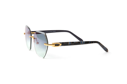 24KT gold Santos sunglasses with blue, black and gold marbled acetate temples and gradient hexagon shaped lenses, Cartier style women's sunglasses, Vintage Wood Collection Eyewear