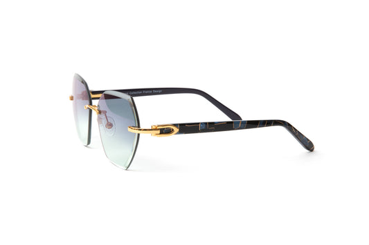 24KT gold Santos sunglasses with blue, black and gold marbled acetate temples and gradient hexagon shaped lenses, Cartier style women's sunglasses, Vintage Wood Collection Eyewear