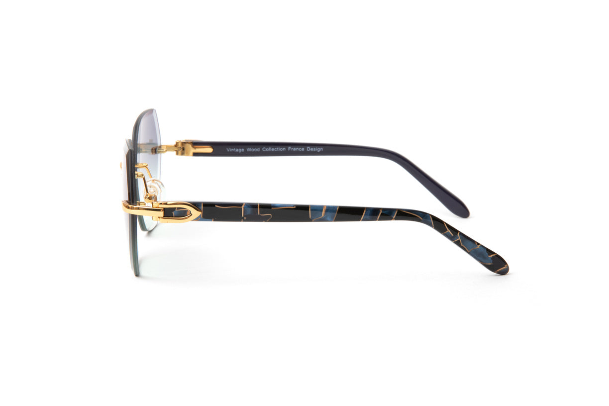 24KT gold Santos sunglasses with blue, black and gold marbled acetate temples and gradient hexagon shaped lenses, Cartier style women's sunglasses, Vintage Wood Collection Eyewear