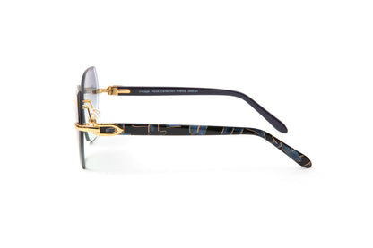 24KT gold Santos sunglasses with blue, black and gold marbled acetate temples and gradient hexagon shaped lenses, Cartier style women's sunglasses, Vintage Wood Collection Eyewear