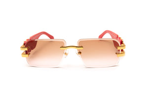 24kt gold plated rimless sunglasses with red wood temples and gradient brown beveled lenses by VWC Eyewear
