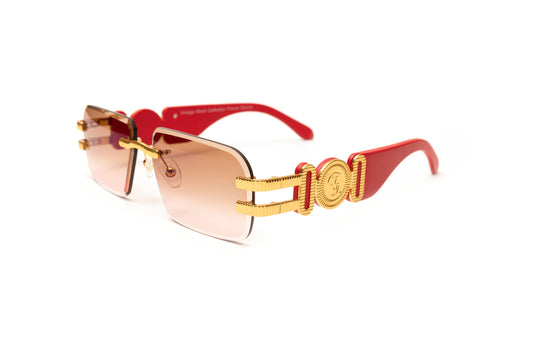24kt gold plated rimless sunglasses with red wood temples and gradient brown beveled lenses by VWC Eyewear