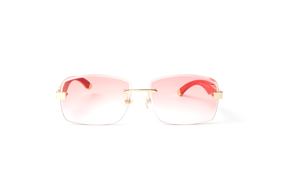 24kt gold Vendome sunglasses with red wood temples and gradient brown lenses by Vintage Wood Collection. Comparable to Maybach Artist sunglasses.