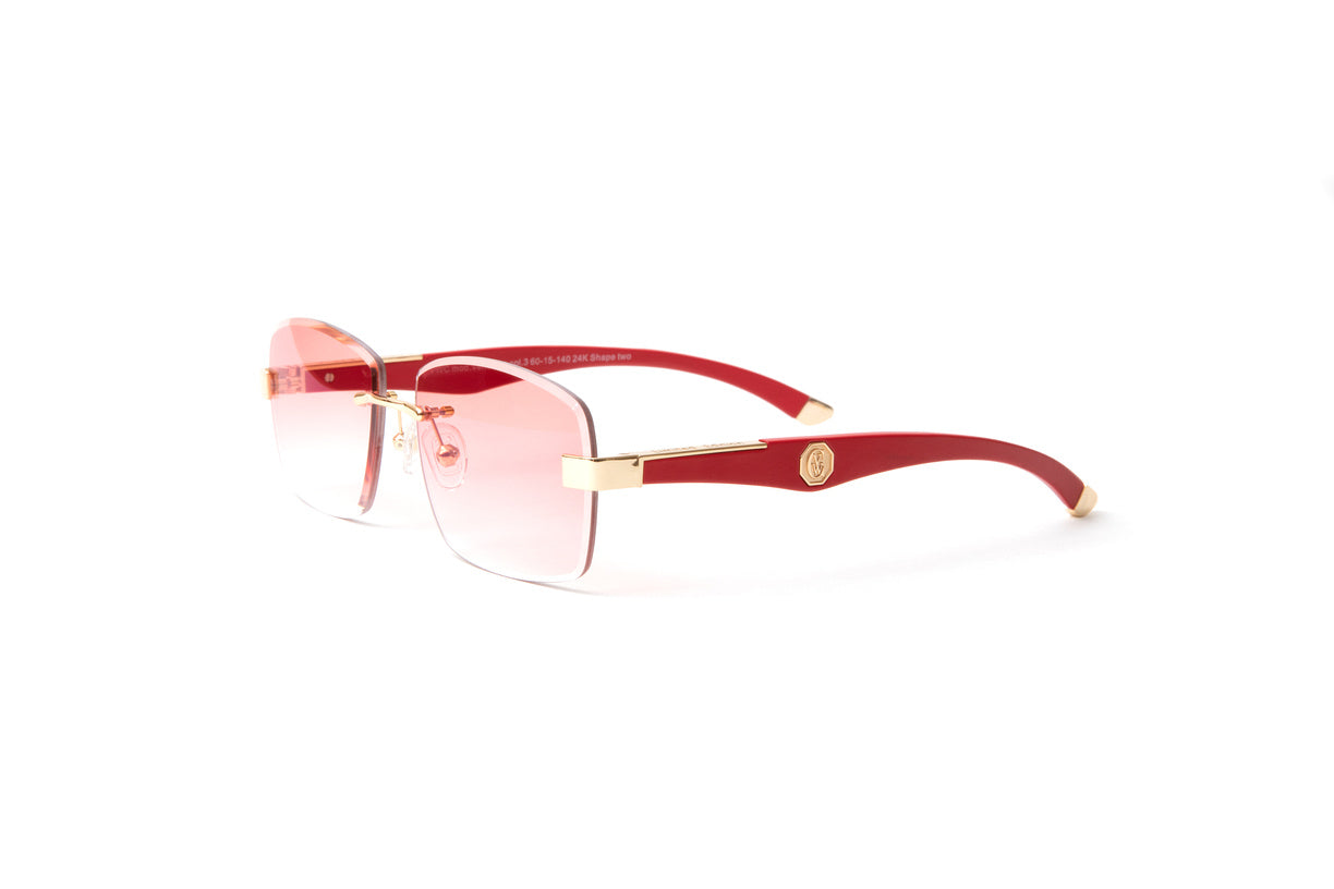 24kt gold Vendome sunglasses with red wood temples and gradient brown lenses by Vintage Wood Collection. Comparable to Maybach Artist sunglasses.