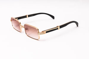 Premiere de Cartier style sunglasses with black wood temples and rose gold rectangular frame with gradient brown lenses by Vintage Wood Collection