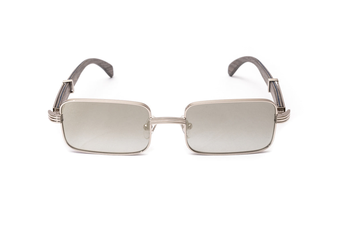 VWC Brigade rectangular grey wood and silver sunglasses with gradient grey mirror lenses similar to Premiere de Cartier eyewear