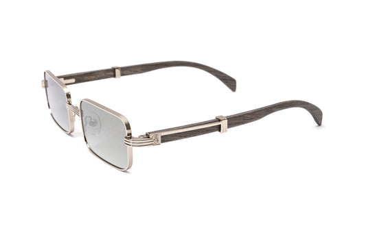 VWC Brigade rectangular grey wood and silver sunglasses with gradient grey mirror lenses similar to Premiere de Cartier eyewear