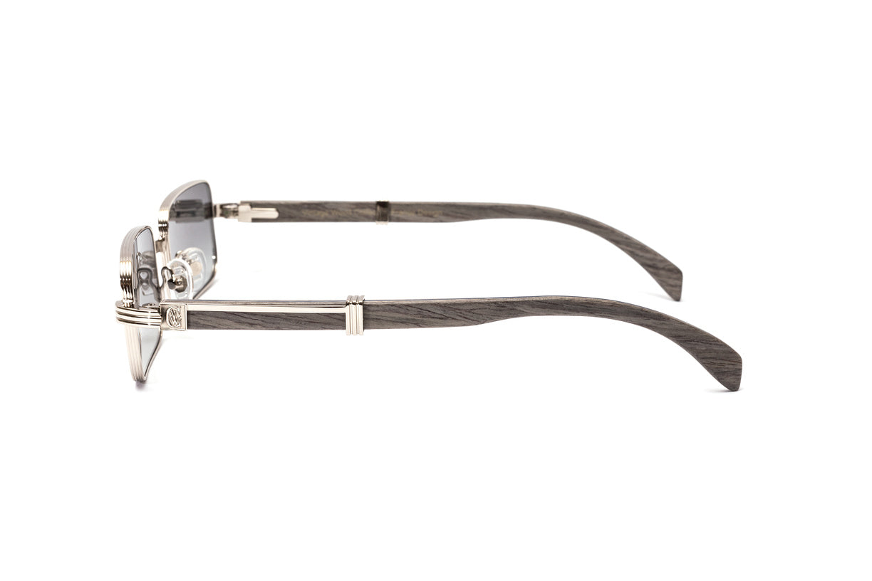 VWC Brigade rectangular grey wood and silver sunglasses with gradient grey mirror lenses similar to Premiere de Cartier eyewear