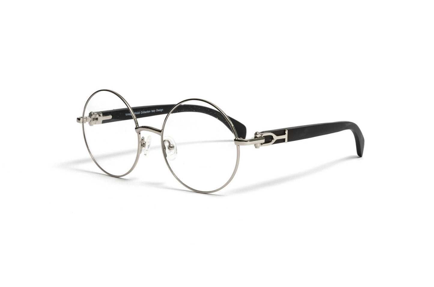 VWC Round Black Wood Eyeglasses, Silver Frames, Clear Lenses