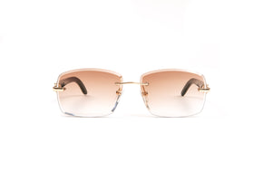 White Buffalo Horn 18KT Gold Rimless Sunglasses, Gradient Brown Anti Reflective Lenses, Rectangular