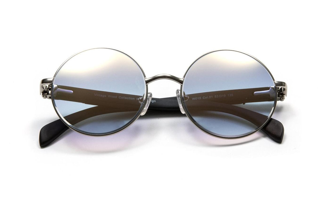 VWC Round Black Wood Sunglasses, Silver Frames, Gradient Grey + White Gold Flash Lenses