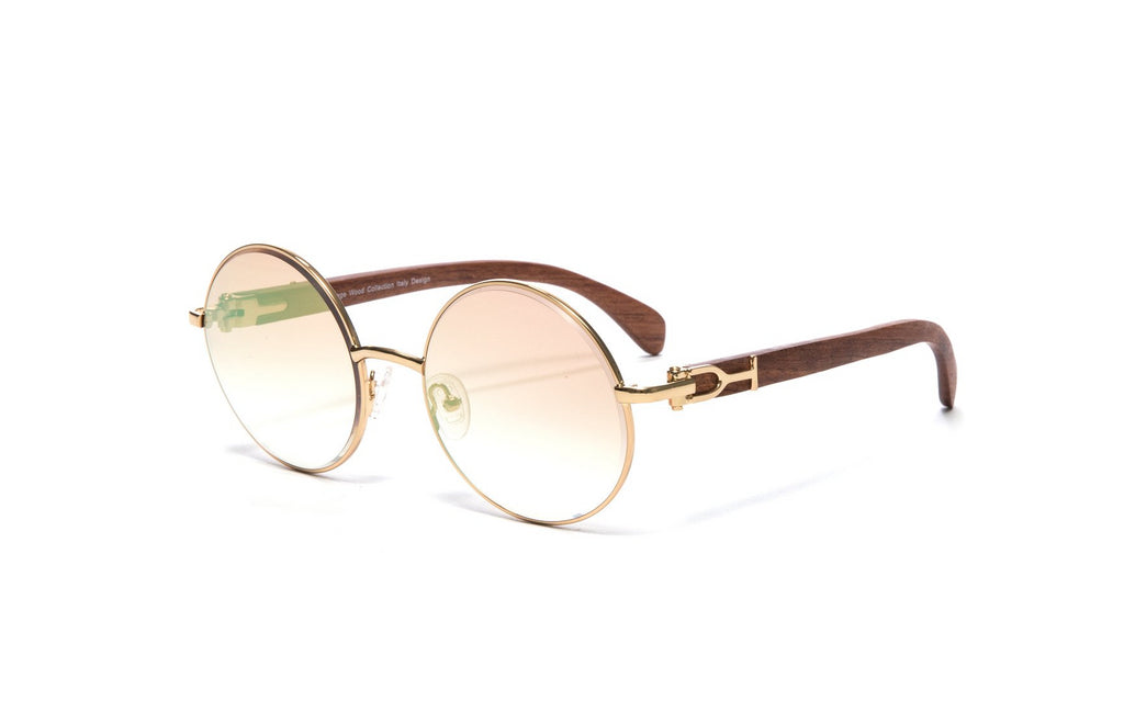 VWC Round Gold & Wood Sunglasses, Gold Frames, Gradient Brown + White Gold Flash Lenses