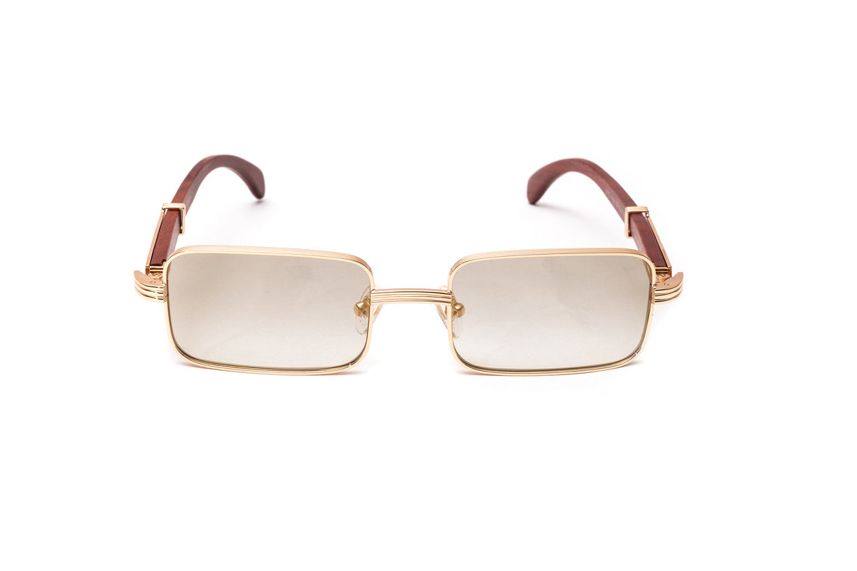 Brown cherry wood and rose gold rectangular sunglasses with gradient grey mirrored lenses by VWC Eyewear