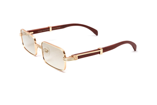 Brown cherry wood and rose gold rectangular sunglasses with gradient grey mirrored lenses by VWC Eyewear
