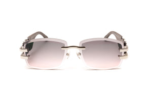 Dark wood rimless sunglasses with silver hardware and double gradient grey and pink lenses by Vintage Wood Collection eyewear
