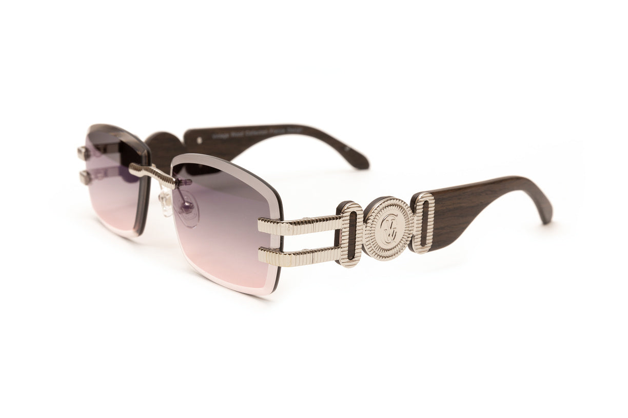 Dark wood rimless sunglasses with silver hardware and double gradient grey and pink lenses by Vintage Wood Collection eyewear