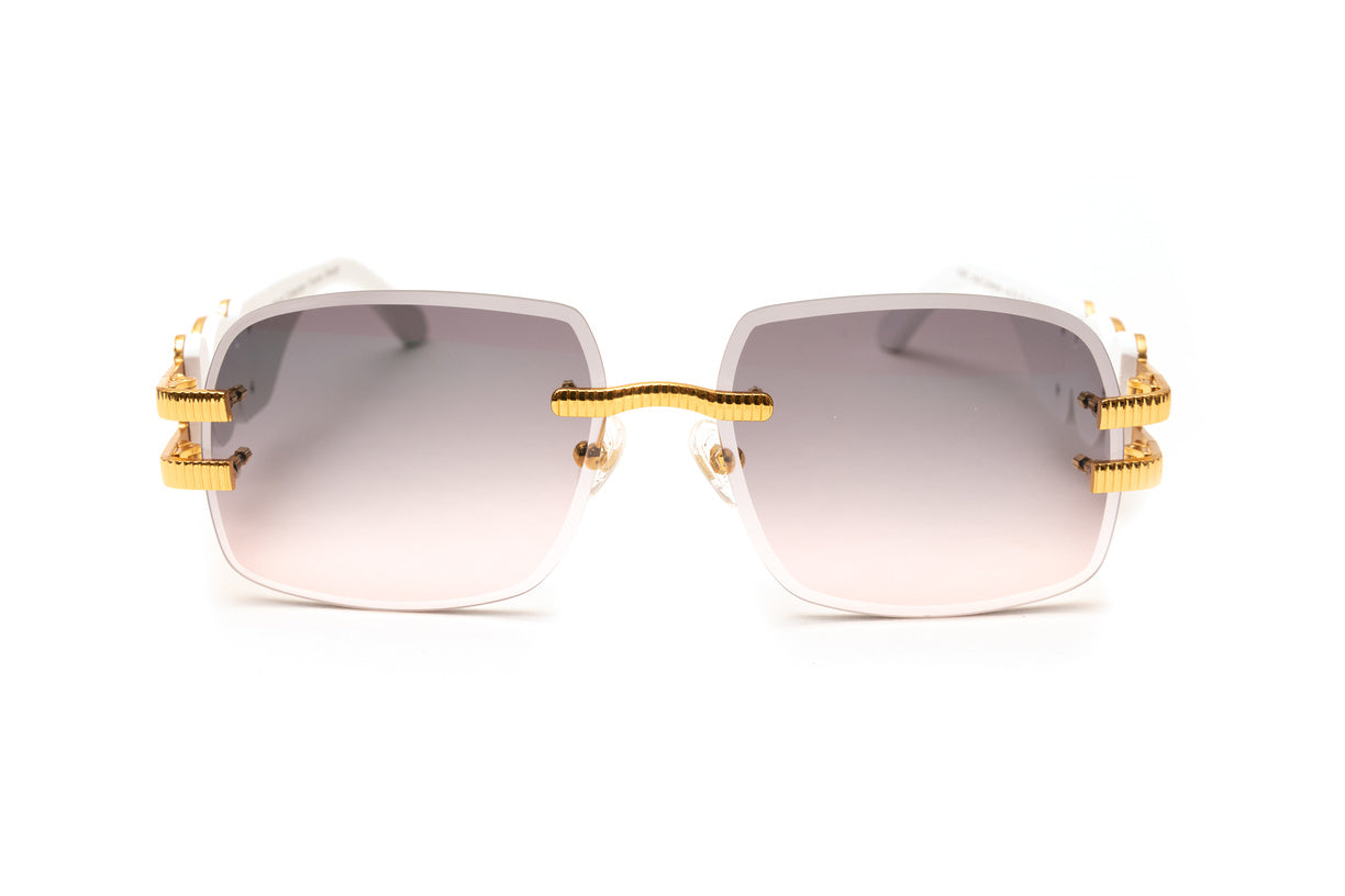 24 kt gold white wood rimless sunglasses with double gradient grey and pink beveled lenses by VWC Eyewear