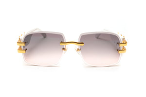 24 kt gold white wood rimless sunglasses with double gradient grey and pink beveled lenses by VWC Eyewear