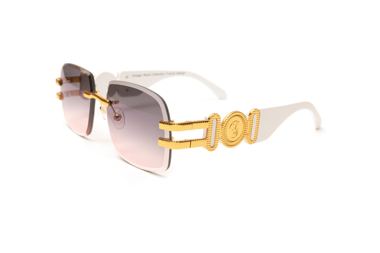 24 kt gold white wood rimless sunglasses with double gradient grey and pink beveled lenses by VWC Eyewear