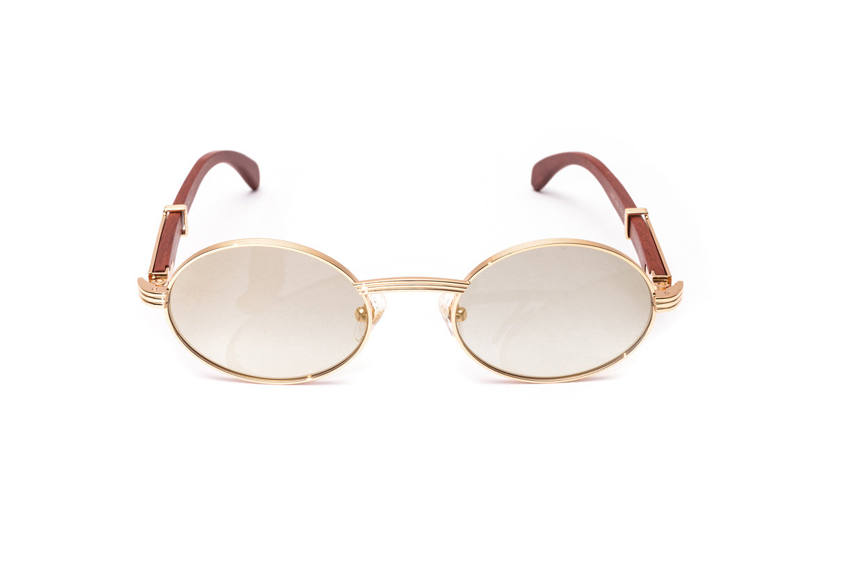 Premiere de Cartier look alike wood sunglasses with rose gold oval full rim frame and cherry wood temples by Vintage Wood Collection
