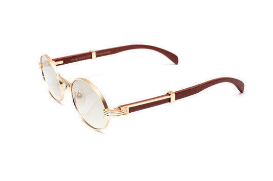 Premiere de Cartier look alike wood sunglasses with rose gold oval full rim frame and cherry wood temples by Vintage Wood Collection