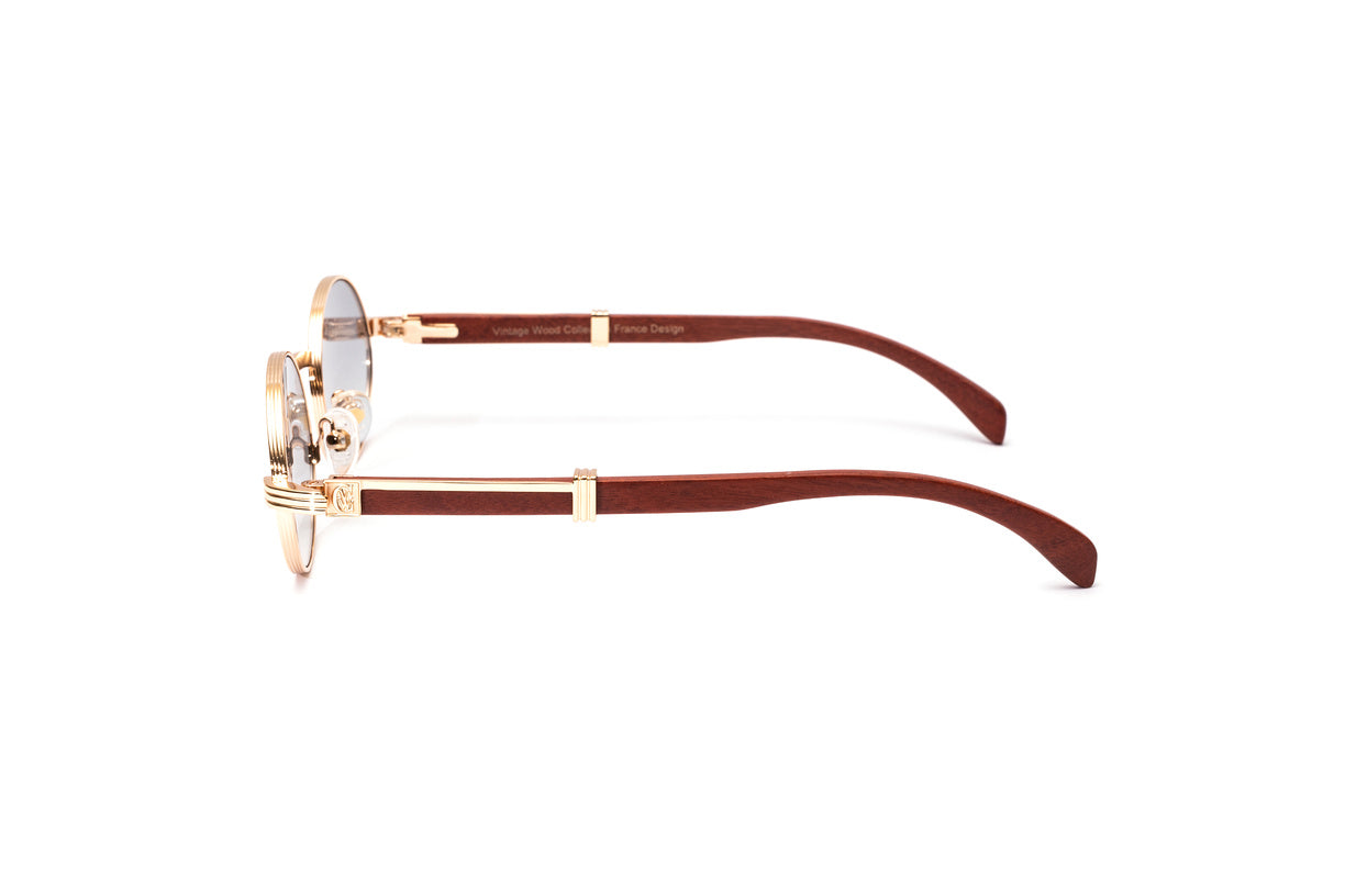 Premiere de Cartier look alike wood sunglasses with rose gold oval full rim frame and cherry wood temples by Vintage Wood Collection