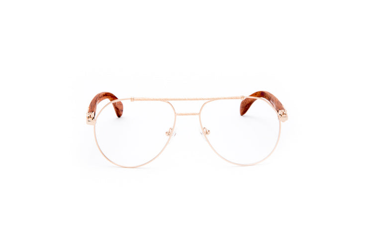 Vintage Wood Collection Gold Aviator Clear Lens Brown Wood Eyeglasses - VWC Eyewear