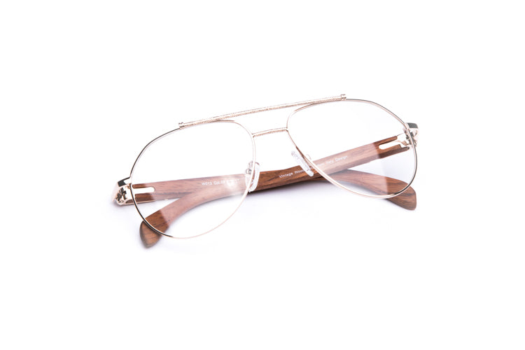 Vintage Wood Collection Gold Aviator Clear Lens Brown Wood Eyeglasses - VWC Eyewear