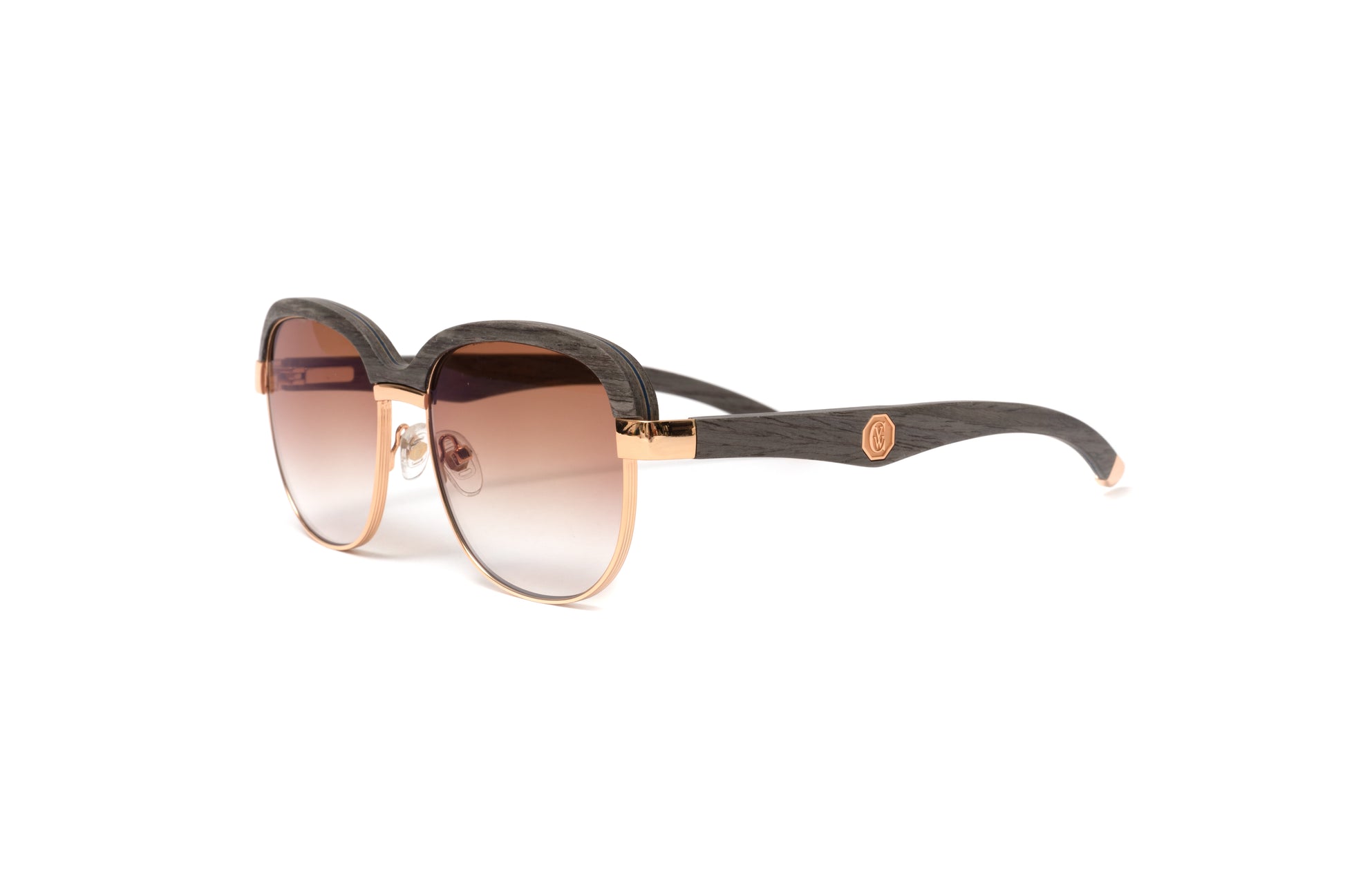 Highroller grey wood 18kt gold sunglasses with gradient brown temples for men by Vintage Wood Collection