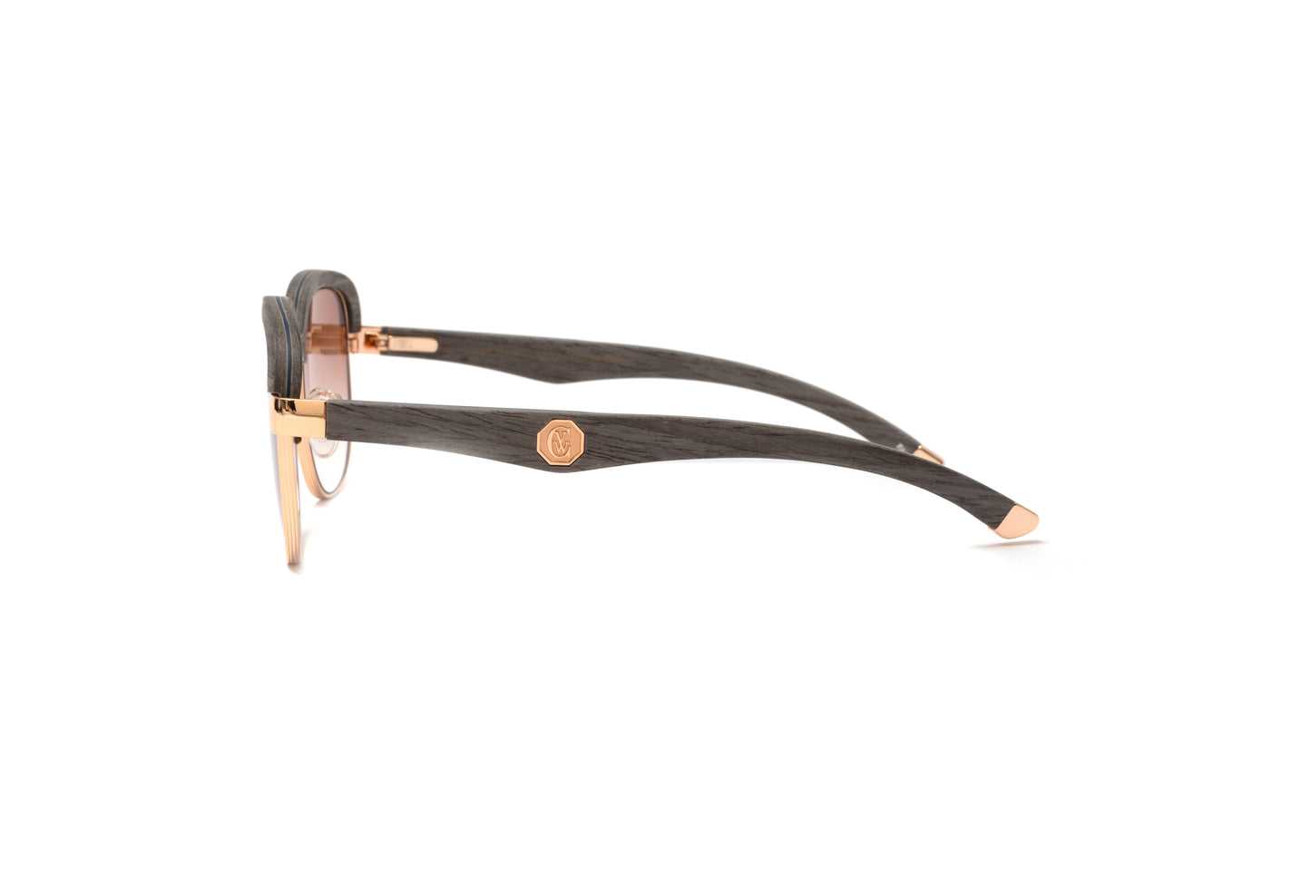 Highroller grey wood 18kt gold sunglasses with gradient brown temples for men by Vintage Wood Collection