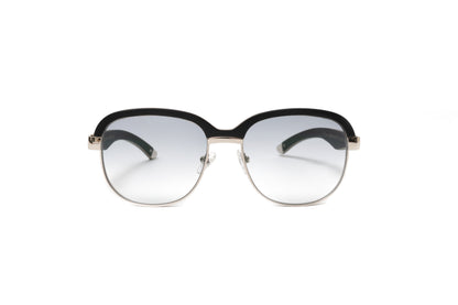 Highroller black wood frame sunglasses with a silver rim and grey gradient lenses with anti reflective coating by Vintage Wood Collection 