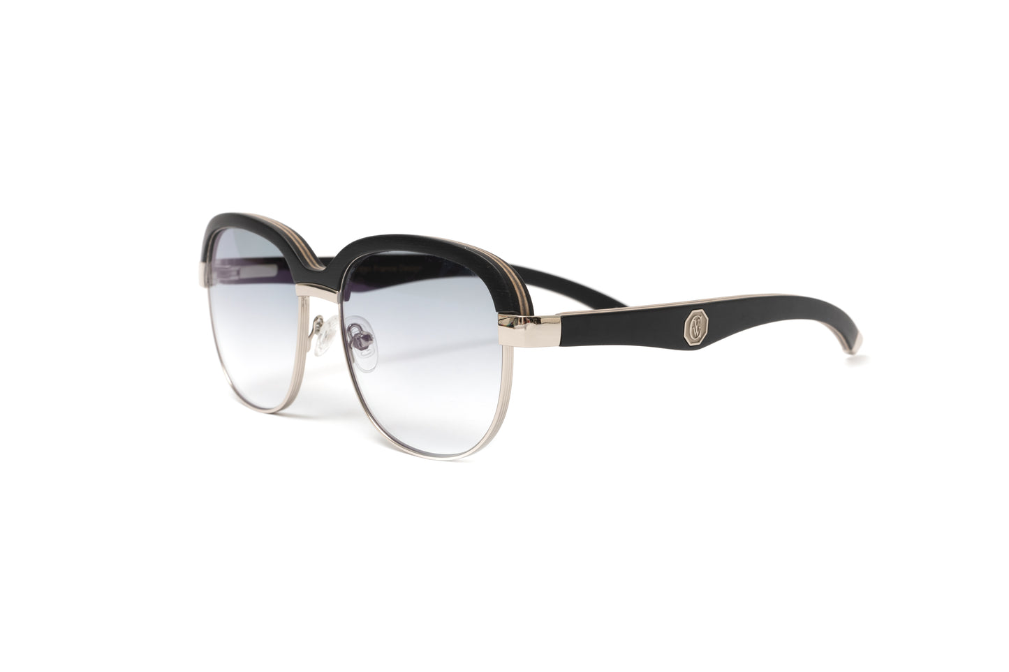 Highroller black wood frame sunglasses with a silver rim and grey gradient lenses with anti reflective coating by Vintage Wood Collection 