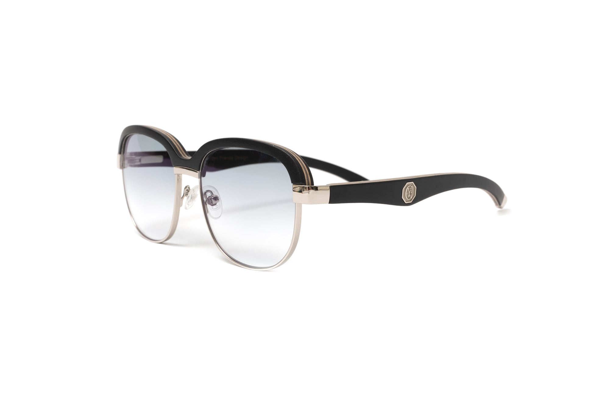 Highroller black wood frame sunglasses with a silver rim and grey gradient lenses with anti reflective coating by Vintage Wood Collection 