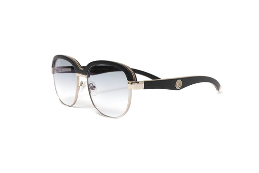 Highroller black wood frame sunglasses with a silver rim and grey gradient lenses with anti reflective coating by Vintage Wood Collection 